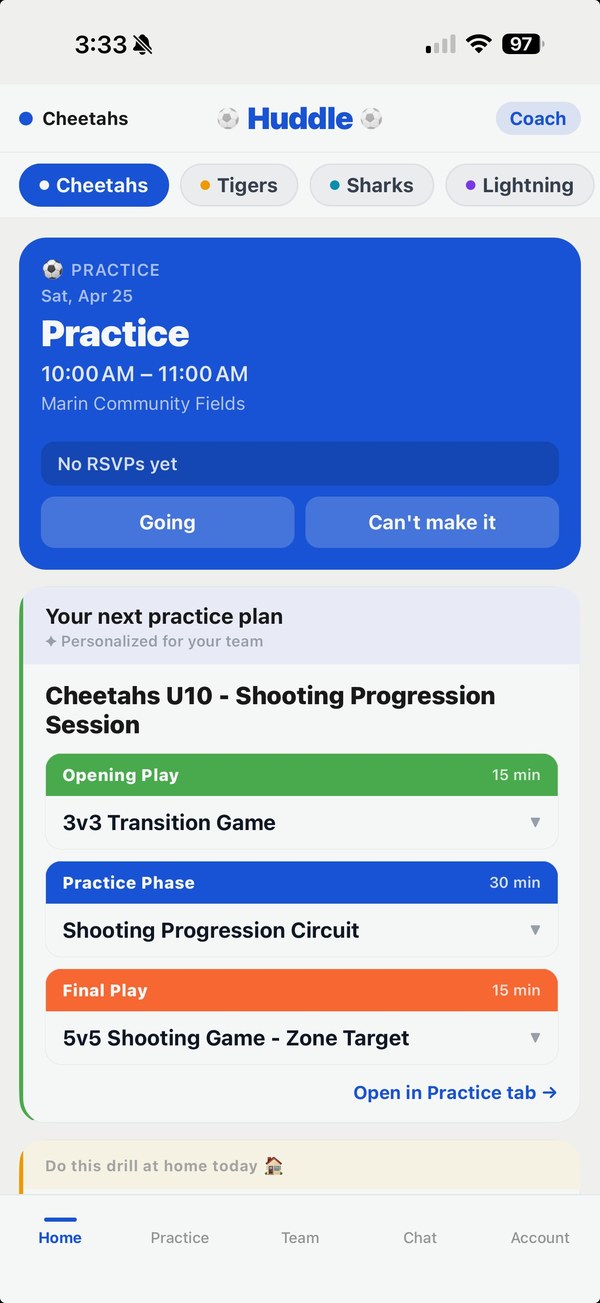 Huddle home screen showing the next practice and a personalized plan preview