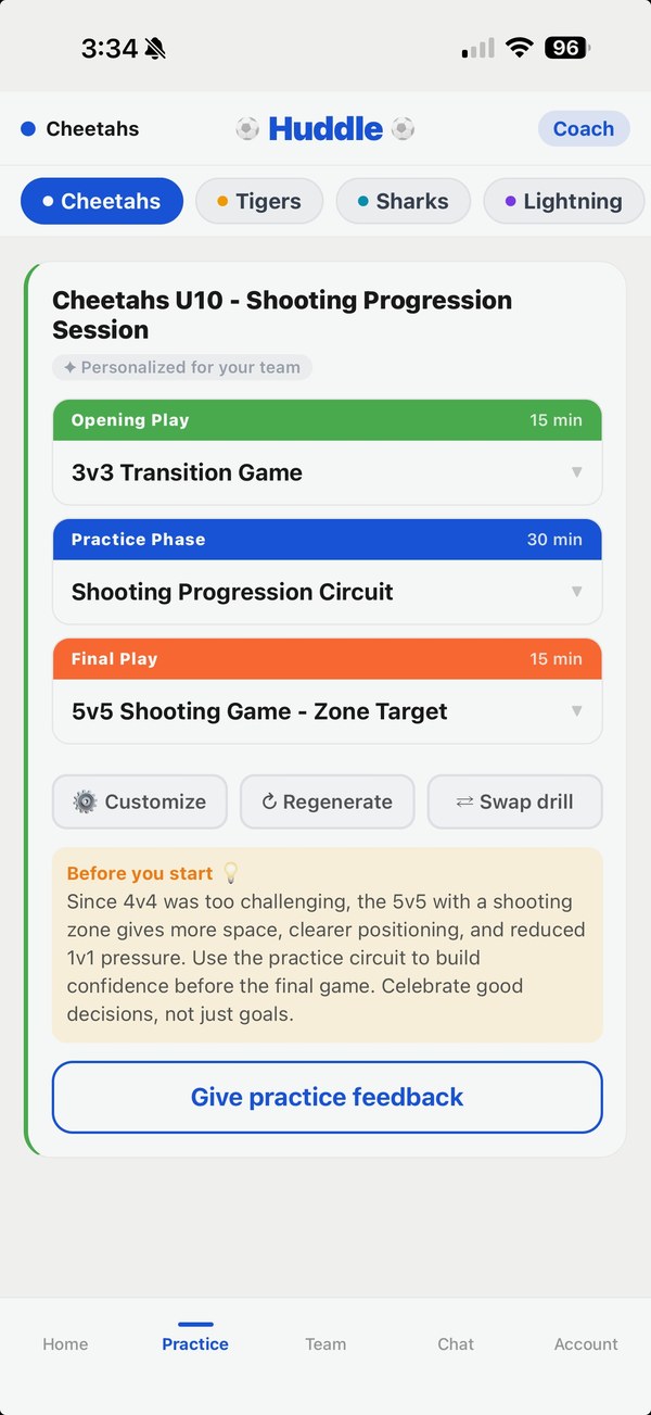 Huddle practice plan view with timed drill blocks and an AI coaching note
